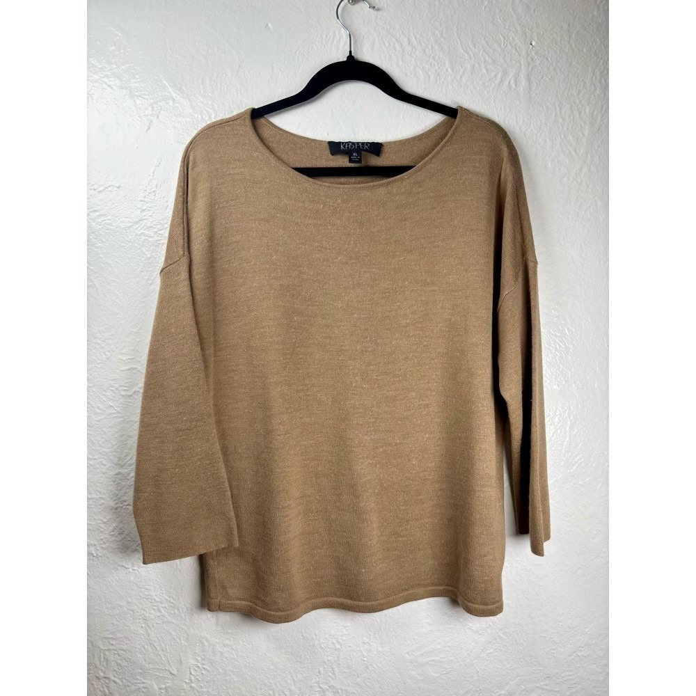 Kasper Wool Blend Sweater Womens XL Camel Tan Boat Neck Capsule Luxury Office